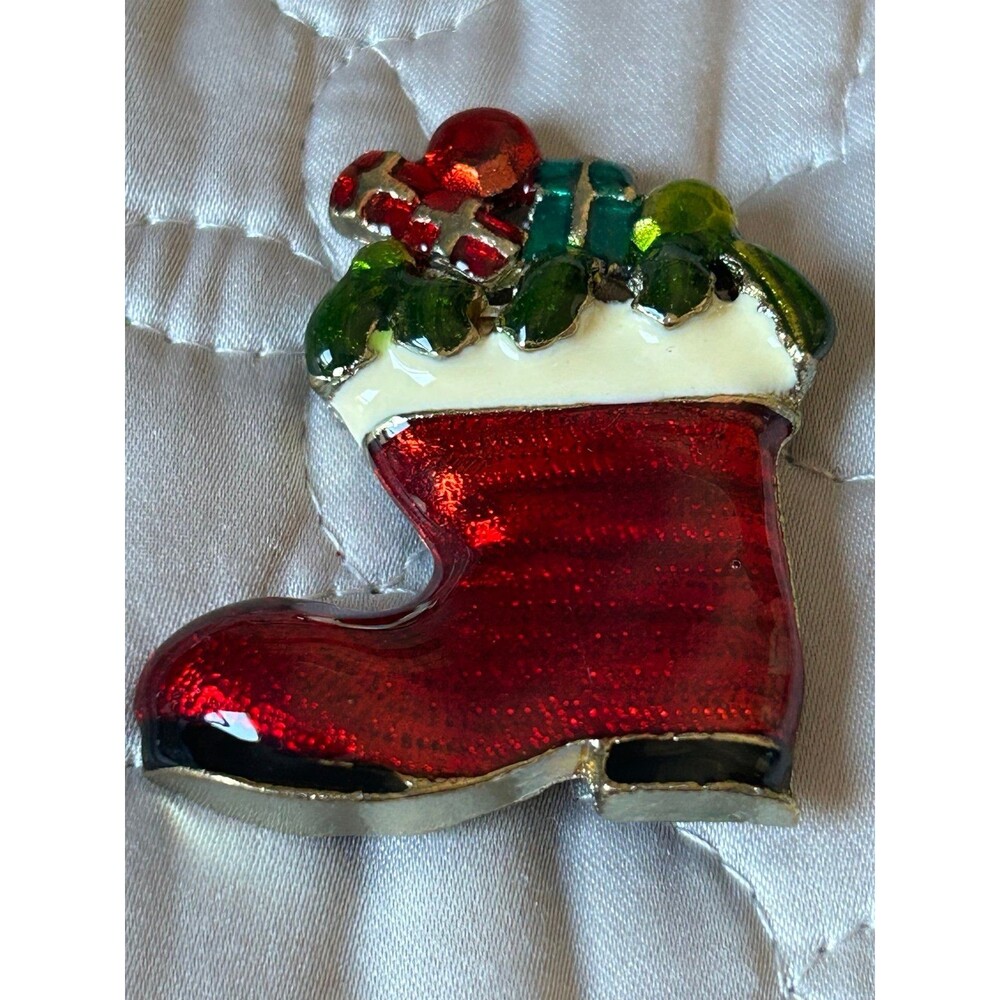 Vintage Festive Red Boot Brooch with Gifts